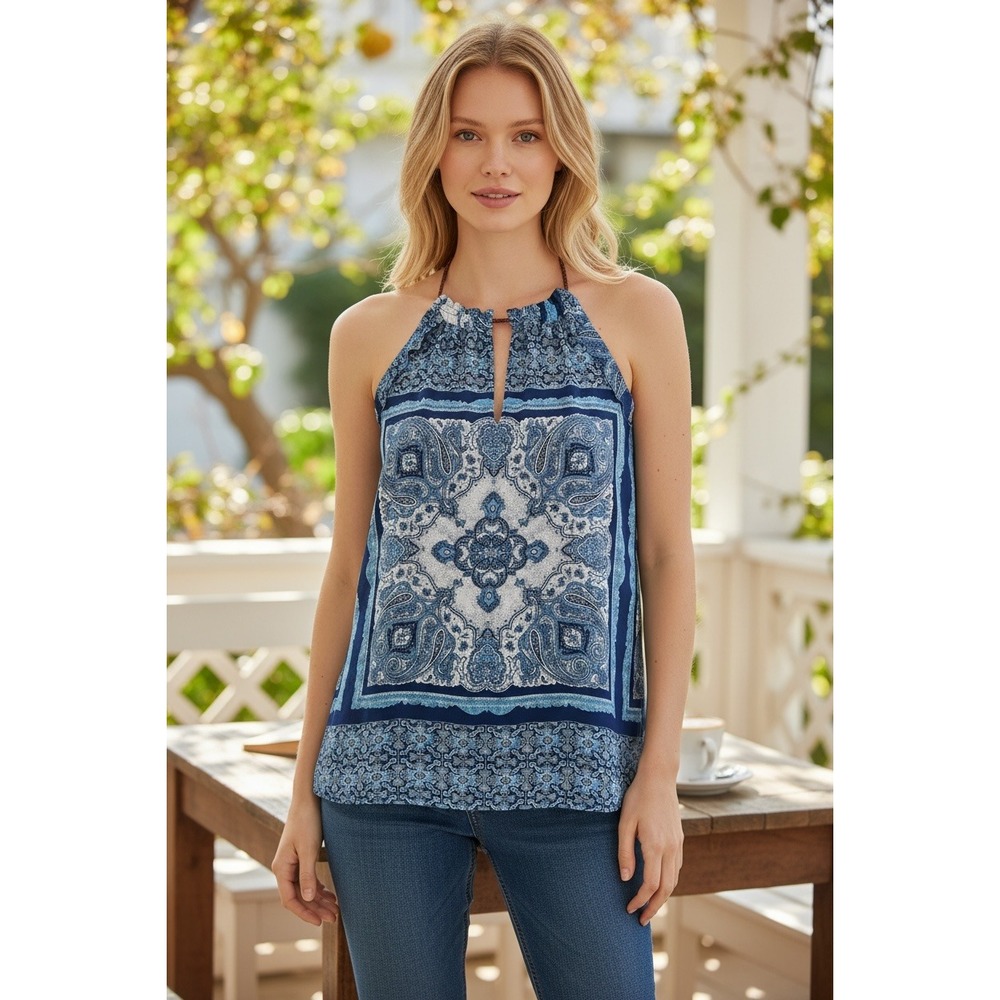 Mango MNG Casual Women's XS Blue Paisley Bandana Print Halter Top Braided Straps